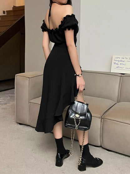 Off-Shoulder Ruffle Hem High Low Dress