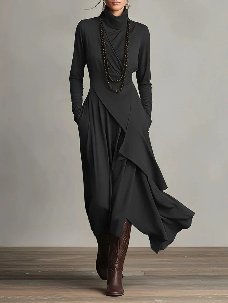 Women's Solid Color Cross-sleeve High-neck Dress