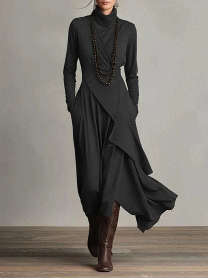 Women's Solid Color Cross-sleeve High-neck Dress
