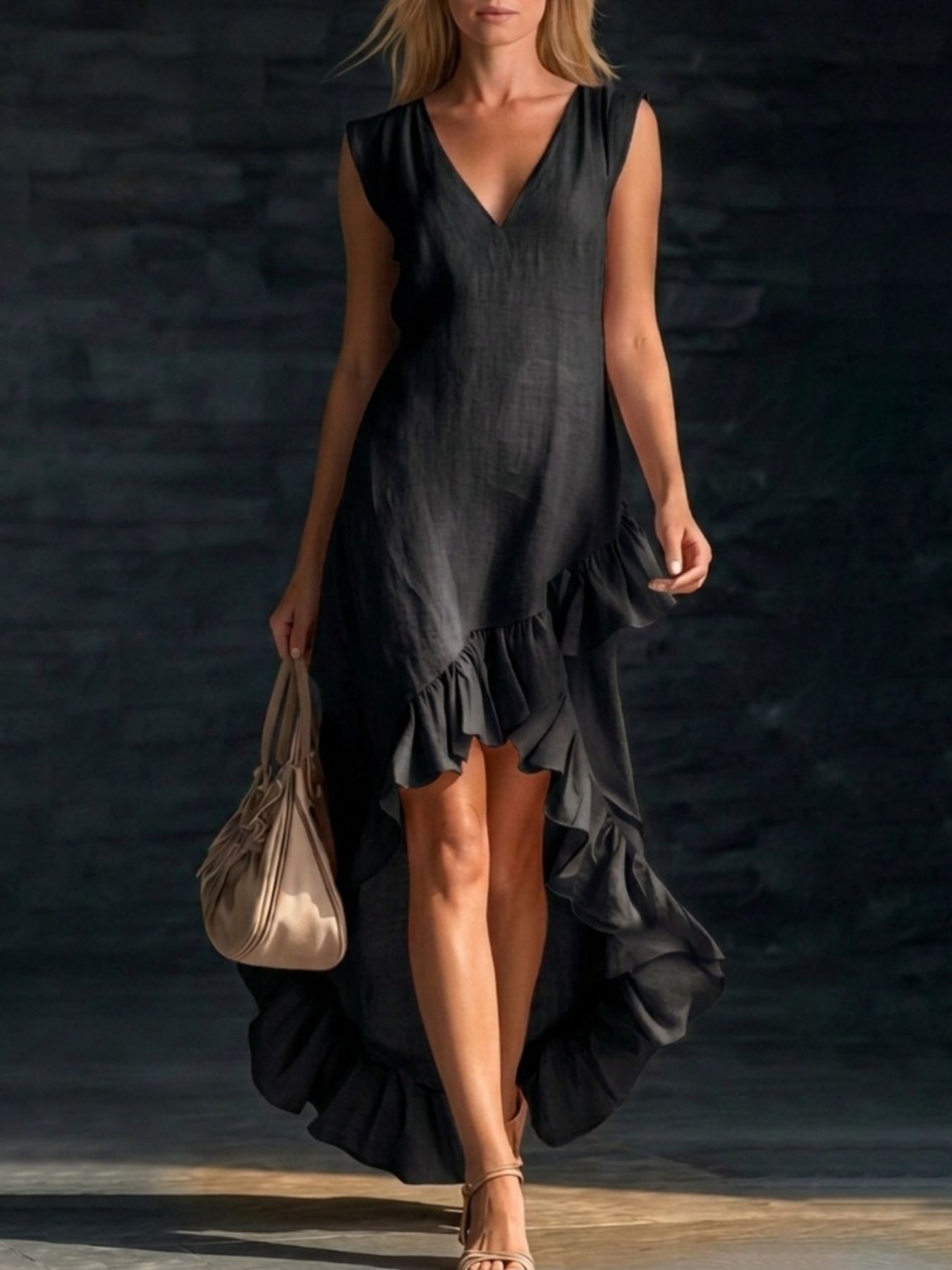 Sleeveless V-Neck Ruffle Hem High-Low Dress