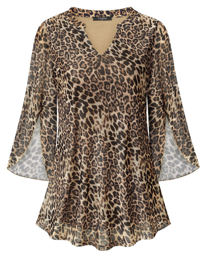 VALOLIA Women's 3/4 Sleeve Floral Tunic Tops V Neck Double Layers Loose Fit Mesh Blouses Shirt