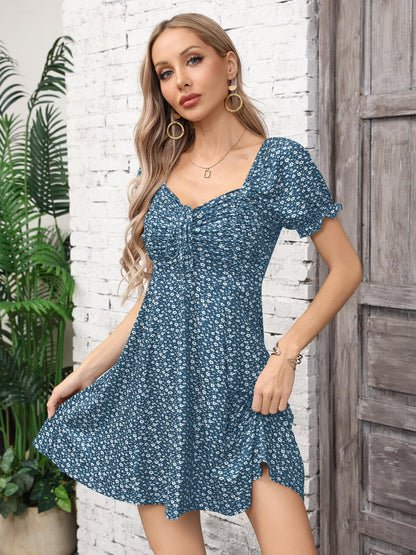Missufe Women's Puff Short Sleeve Fit and Flare Casual Drawstring Floral Mini Sun Dresses 2025 Summer Vacation