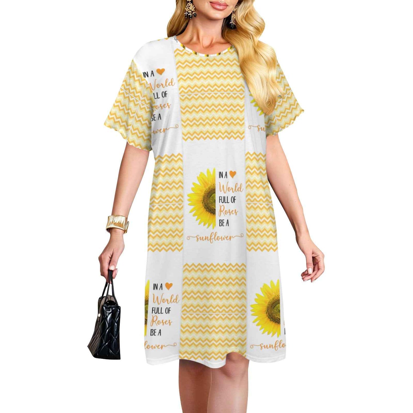 Be a Sunflower Women's Crew Neck Short Sleeve Dress (Model D76)