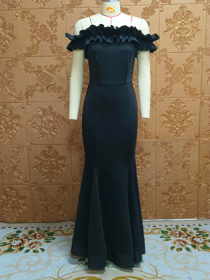 Cololura Sexy Floor-Length Off Shoulder Ruffles Stringy Selvedge Mermaid Bodycon Party Evening Maxi Dress