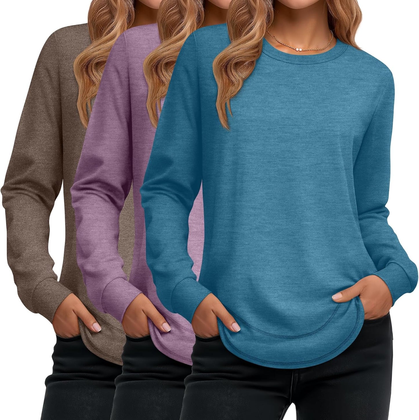 Ficerd 3 Pack Women's Long Sleeve Shirts, Cotton Crew Neck Tunic Tops Casual Loose Fit Pullover Sweatshirts Curved Hem Shirts
