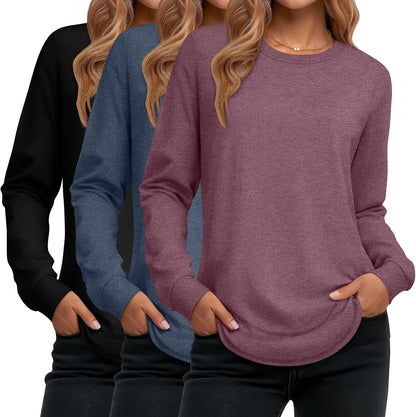 Ficerd 3 Pack Women's Long Sleeve Shirts, Cotton Crew Neck Tunic Tops Casual Loose Fit Pullover Sweatshirts Curved Hem Shirts