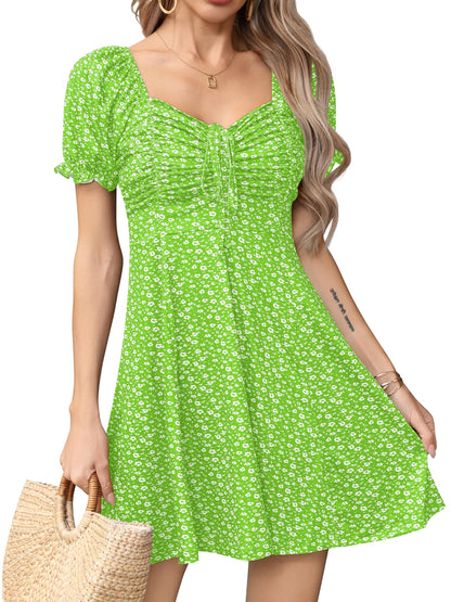Missufe Women's Puff Short Sleeve Fit and Flare Casual Drawstring Floral Mini Sun Dresses 2025 Summer Vacation