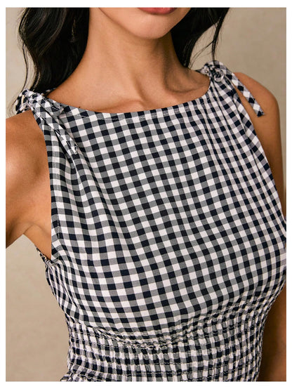 Floerns Women's Tie Shoulder A Line Gingham Dress Boat Neck Mini Checkered Elegant Dresses