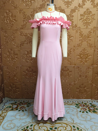 Cololura Sexy Floor-Length Off Shoulder Ruffles Stringy Selvedge Mermaid Bodycon Party Evening Maxi Dress