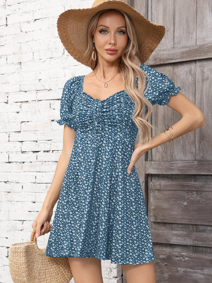 Missufe Women's Puff Short Sleeve Fit and Flare Casual Drawstring Floral Mini Sun Dresses 2025 Summer Vacation