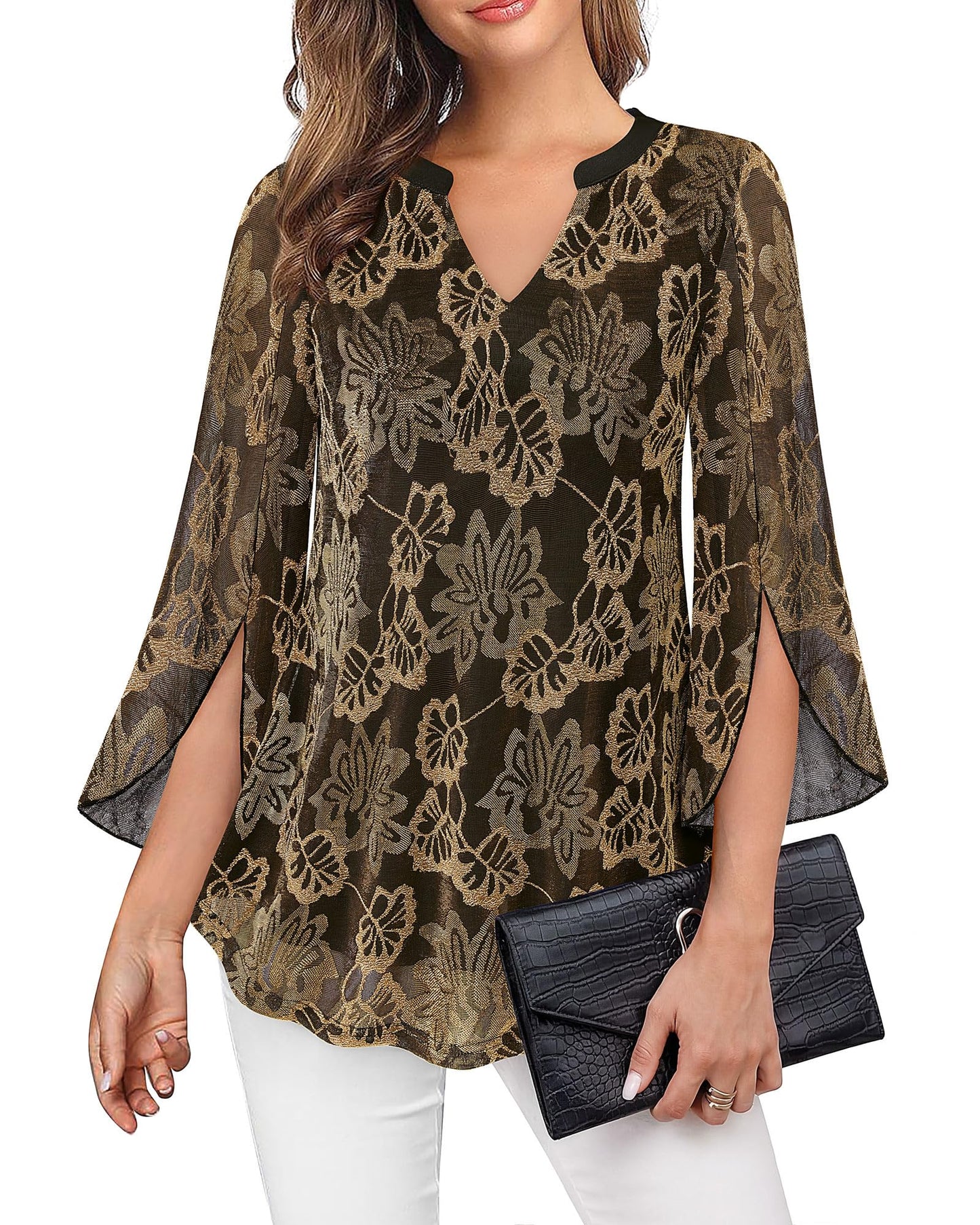 VALOLIA Women's 3/4 Sleeve Floral Tunic Tops V Neck Double Layers Loose Fit Mesh Blouses Shirt