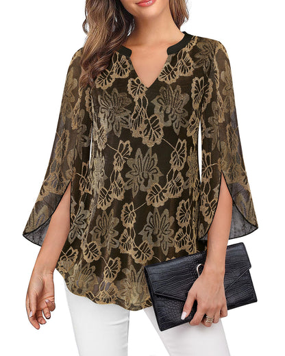 VALOLIA Women's 3/4 Sleeve Floral Tunic Tops V Neck Double Layers Loose Fit Mesh Blouses Shirt