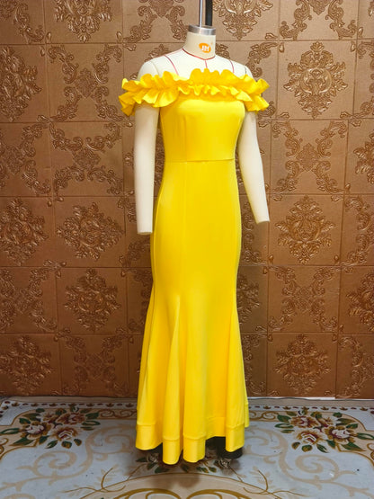 Cololura Sexy Floor-Length Off Shoulder Ruffles Stringy Selvedge Mermaid Bodycon Party Evening Maxi Dress