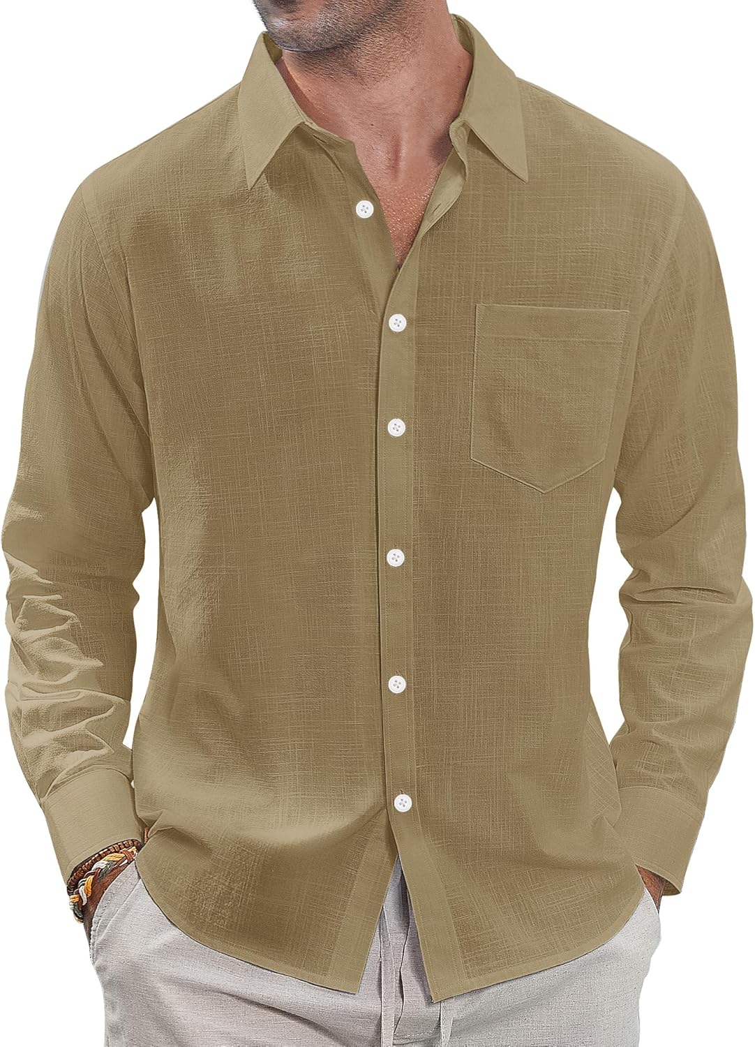 J.VER Men's Linen Shirts Casual Button Down Long Sleeve Shirt Solid Spread Collar Summer Beach Shirts with Pocket