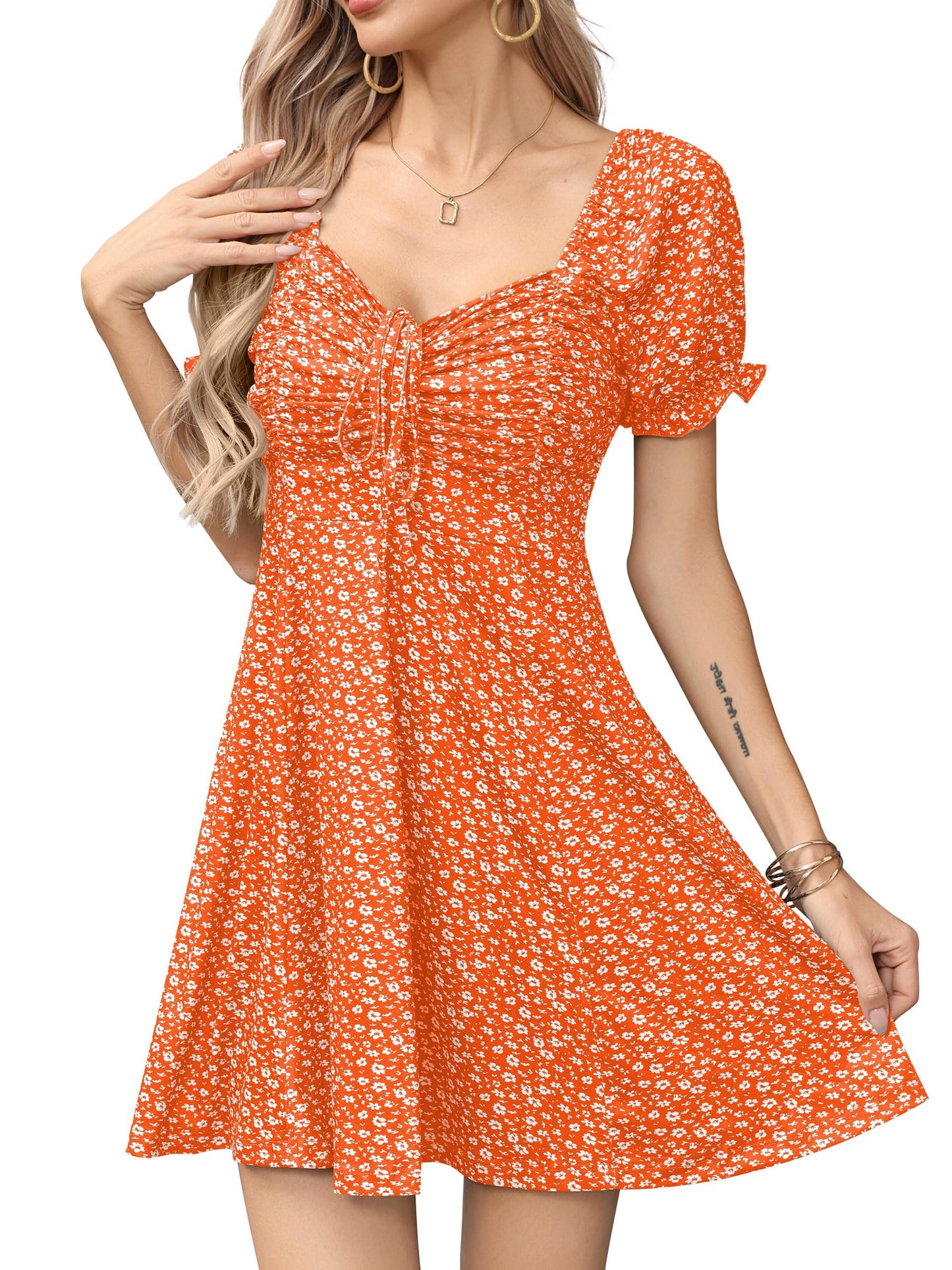 Missufe Women's Puff Short Sleeve Fit and Flare Casual Drawstring Floral Mini Sun Dresses 2025 Summer Vacation