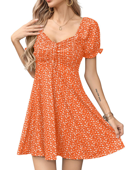 Missufe Women's Puff Short Sleeve Fit and Flare Casual Drawstring Floral Mini Sun Dresses 2025 Summer Vacation