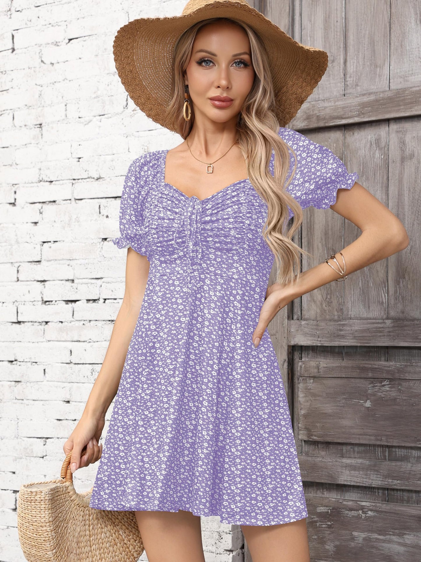 Missufe Women's Puff Short Sleeve Fit and Flare Casual Drawstring Floral Mini Sun Dresses 2025 Summer Vacation
