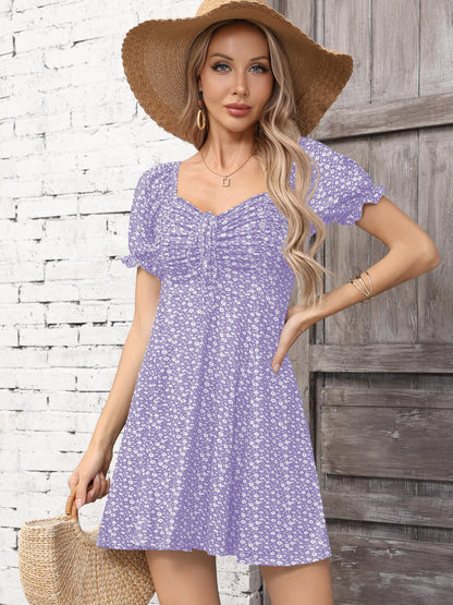 Missufe Women's Puff Short Sleeve Fit and Flare Casual Drawstring Floral Mini Sun Dresses 2025 Summer Vacation