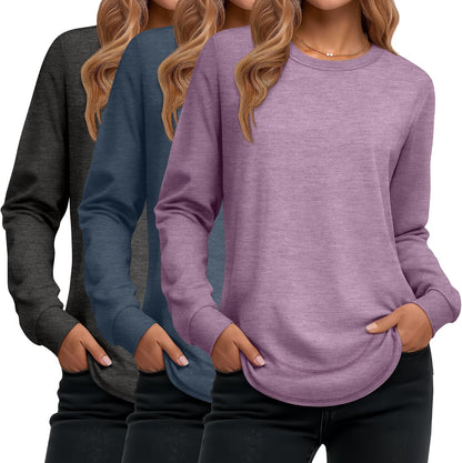 Ficerd 3 Pack Women's Long Sleeve Shirts, Cotton Crew Neck Tunic Tops Casual Loose Fit Pullover Sweatshirts Curved Hem Shirts