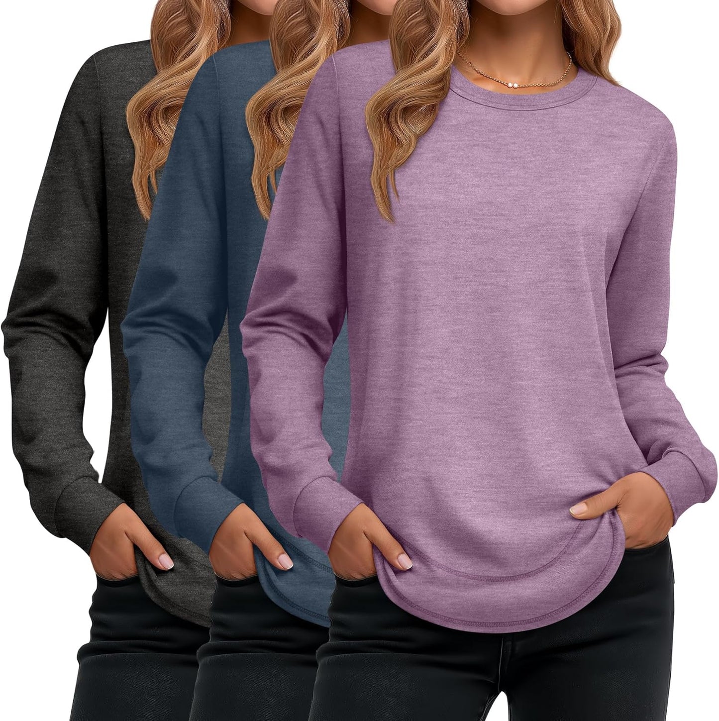 Ficerd 3 Pack Women's Long Sleeve Shirts, Cotton Crew Neck Tunic Tops Casual Loose Fit Pullover Sweatshirts Curved Hem Shirts