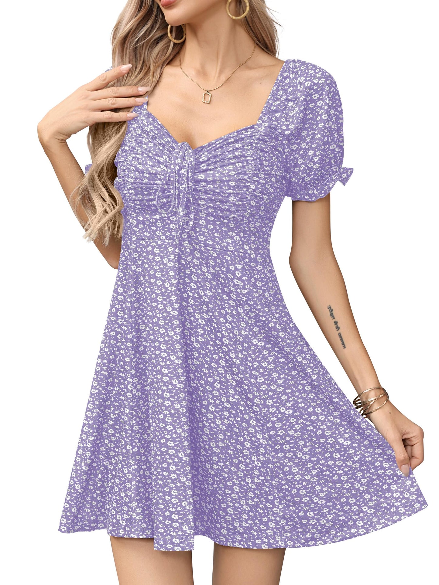 Missufe Women's Puff Short Sleeve Fit and Flare Casual Drawstring Floral Mini Sun Dresses 2025 Summer Vacation