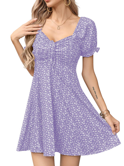 Missufe Women's Puff Short Sleeve Fit and Flare Casual Drawstring Floral Mini Sun Dresses 2025 Summer Vacation