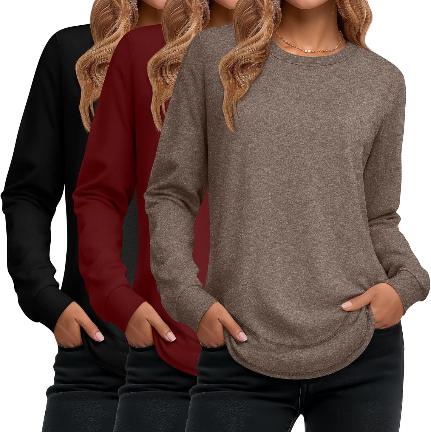 Ficerd 3 Pack Women's Long Sleeve Shirts, Cotton Crew Neck Tunic Tops Casual Loose Fit Pullover Sweatshirts Curved Hem Shirts