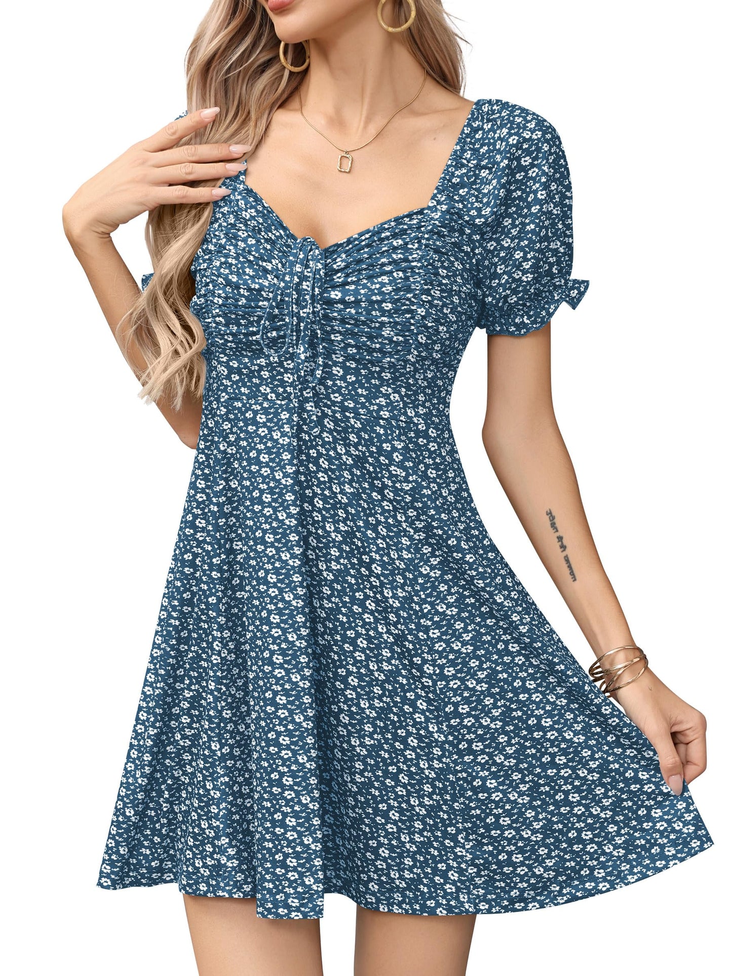 Missufe Women's Puff Short Sleeve Fit and Flare Casual Drawstring Floral Mini Sun Dresses 2025 Summer Vacation