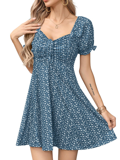 Missufe Women's Puff Short Sleeve Fit and Flare Casual Drawstring Floral Mini Sun Dresses 2025 Summer Vacation