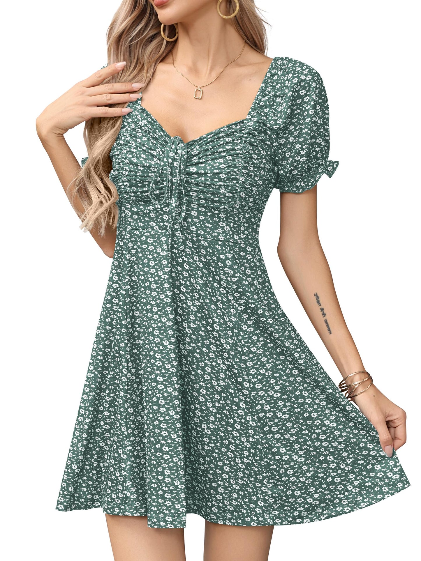 Missufe Women's Puff Short Sleeve Fit and Flare Casual Drawstring Floral Mini Sun Dresses 2025 Summer Vacation