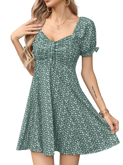 Missufe Women's Puff Short Sleeve Fit and Flare Casual Drawstring Floral Mini Sun Dresses 2025 Summer Vacation