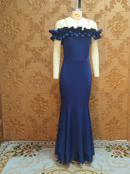 Cololura Sexy Floor-Length Off Shoulder Ruffles Stringy Selvedge Mermaid Bodycon Party Evening Maxi Dress