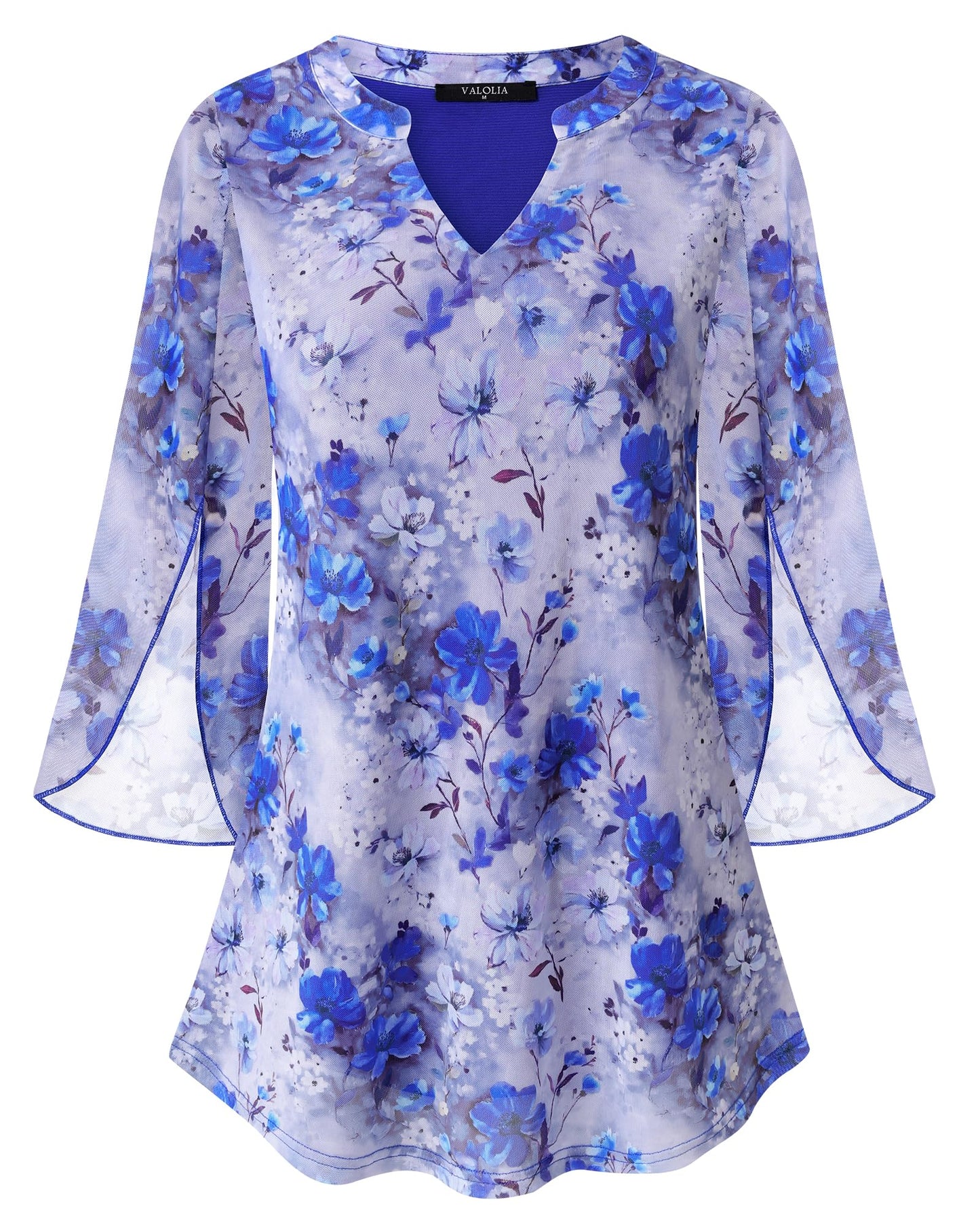 VALOLIA Women's 3/4 Sleeve Floral Tunic Tops V Neck Double Layers Loose Fit Mesh Blouses Shirt
