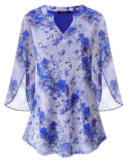 VALOLIA Women's 3/4 Sleeve Floral Tunic Tops V Neck Double Layers Loose Fit Mesh Blouses Shirt