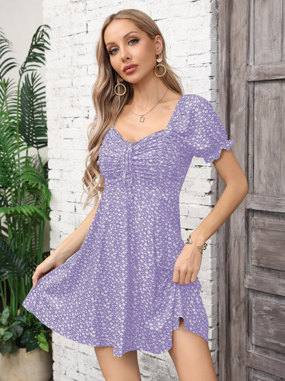 Missufe Women's Puff Short Sleeve Fit and Flare Casual Drawstring Floral Mini Sun Dresses 2025 Summer Vacation