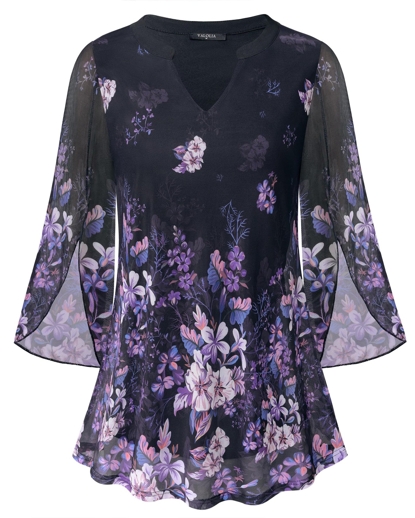 VALOLIA Women's 3/4 Sleeve Floral Tunic Tops V Neck Double Layers Loose Fit Mesh Blouses Shirt