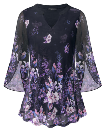 VALOLIA Women's 3/4 Sleeve Floral Tunic Tops V Neck Double Layers Loose Fit Mesh Blouses Shirt