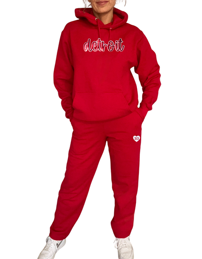 Red Detroit Script Sparkle + Puff Sweatsuit
