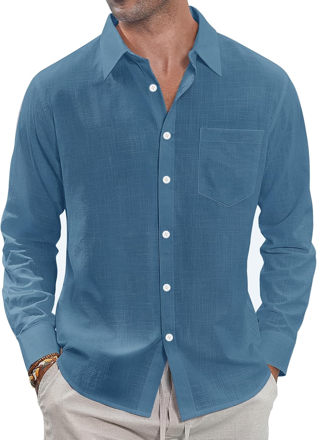 J.VER Men's Linen Shirts Casual Button Down Long Sleeve Shirt Solid Spread Collar Summer Beach Shirts with Pocket
