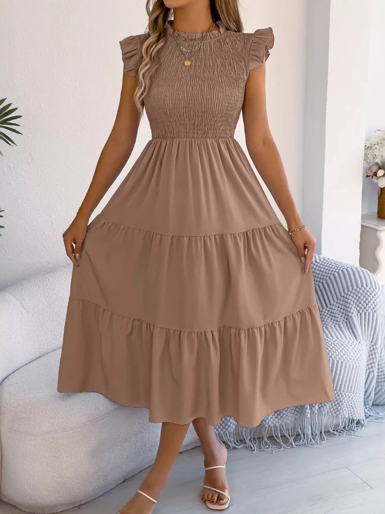Women's Smocked Ruffle Midi Dress – Casual A-Line Cap Sleeve
