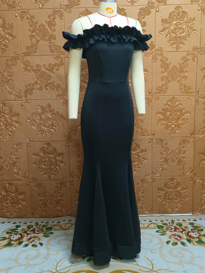 Cololura Sexy Floor-Length Off Shoulder Ruffles Stringy Selvedge Mermaid Bodycon Party Evening Maxi Dress