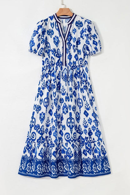 Julietta Floral Puff Short Sleeve V Neck High Waist Dress