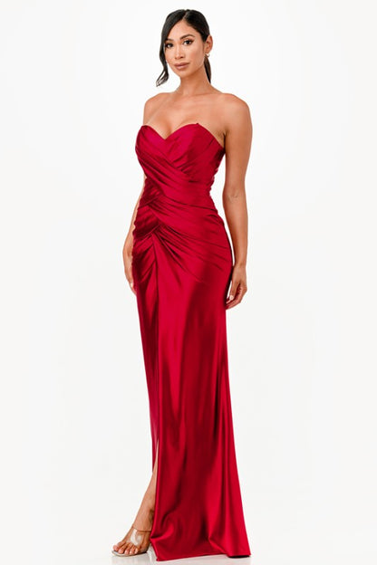 Tucked and ruched sweetheart satin dress with fitted slit skirt