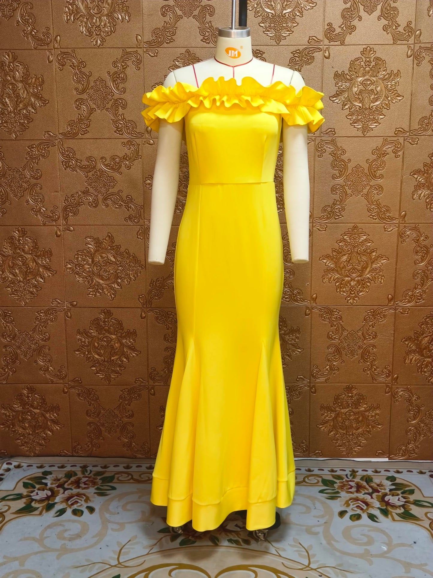 Cololura Sexy Floor-Length Off Shoulder Ruffles Stringy Selvedge Mermaid Bodycon Party Evening Maxi Dress