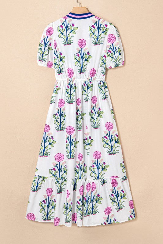Julietta Floral Puff Short Sleeve V Neck High Waist Dress