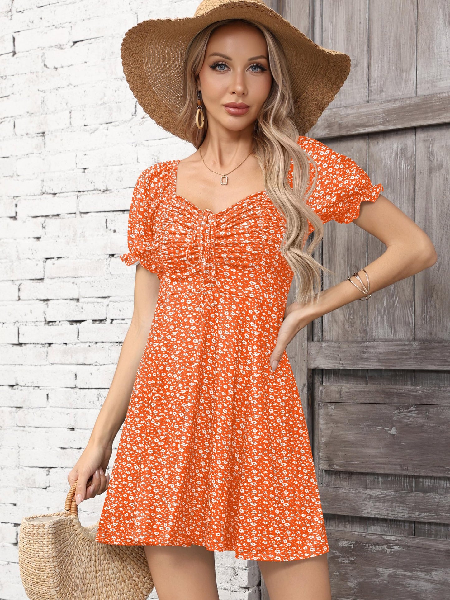 Missufe Women's Puff Short Sleeve Fit and Flare Casual Drawstring Floral Mini Sun Dresses 2025 Summer Vacation