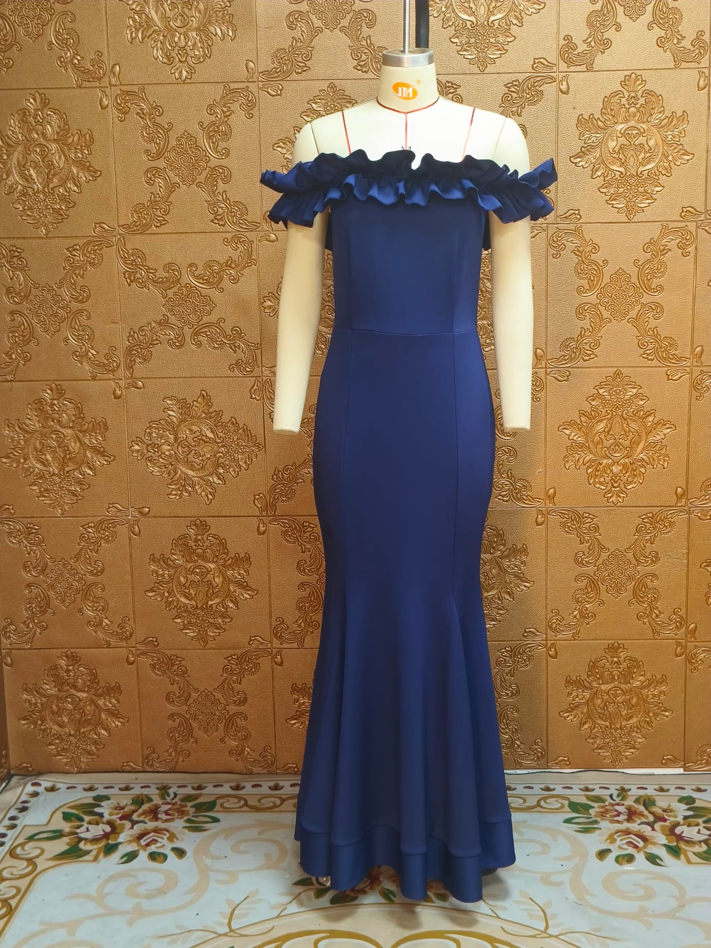 Cololura Sexy Floor-Length Off Shoulder Ruffles Stringy Selvedge Mermaid Bodycon Party Evening Maxi Dress