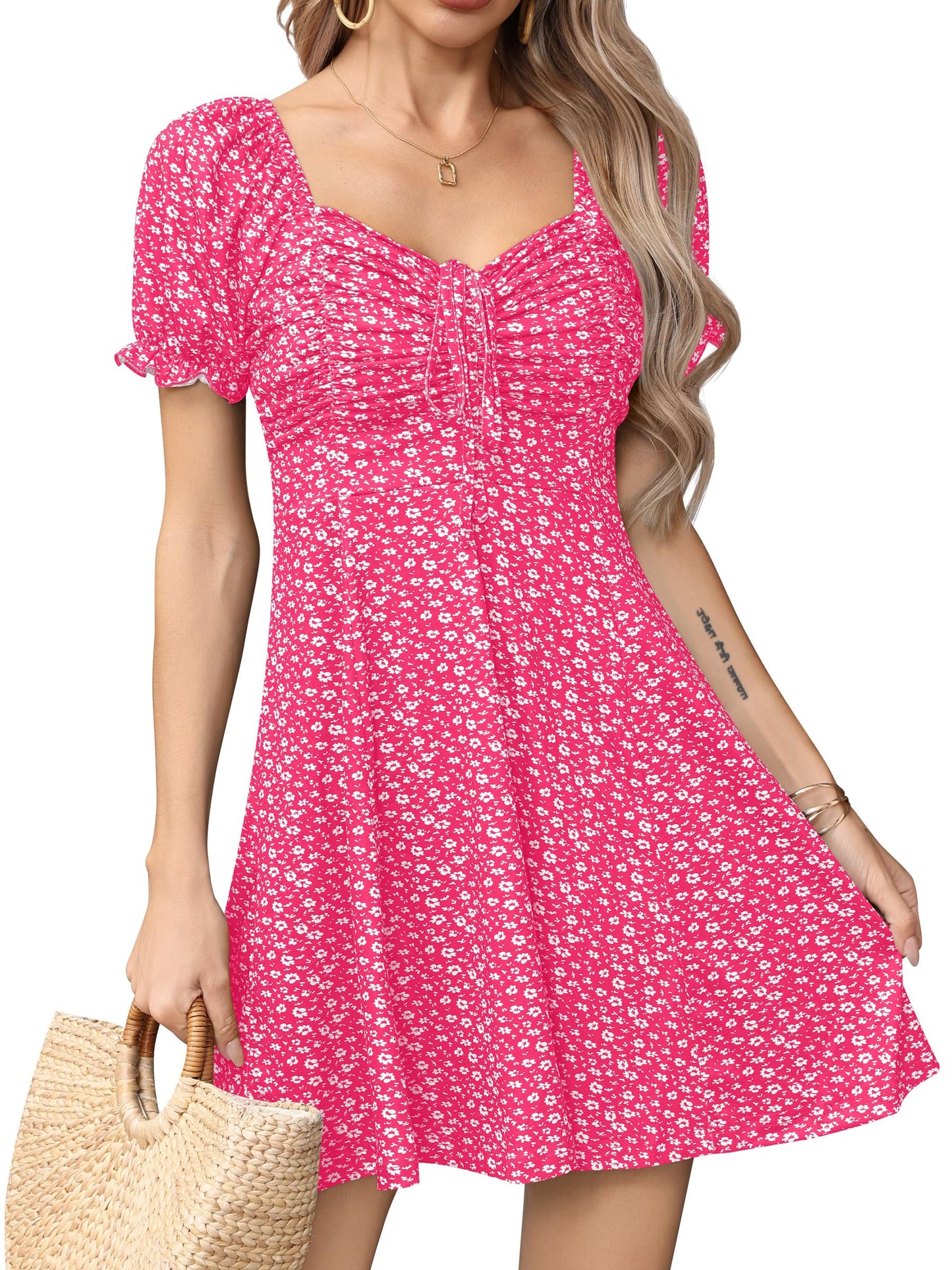 Missufe Women's Puff Short Sleeve Fit and Flare Casual Drawstring Floral Mini Sun Dresses 2025 Summer Vacation
