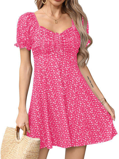 Missufe Women's Puff Short Sleeve Fit and Flare Casual Drawstring Floral Mini Sun Dresses 2025 Summer Vacation