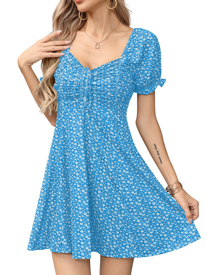 Missufe Women's Puff Short Sleeve Fit and Flare Casual Drawstring Floral Mini Sun Dresses 2025 Summer Vacation